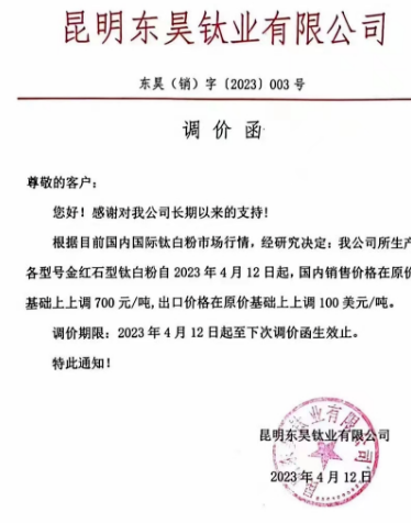 疯狂！多家企业同日发函调涨，最高涨1000，钛白粉行业再迎涨价潮