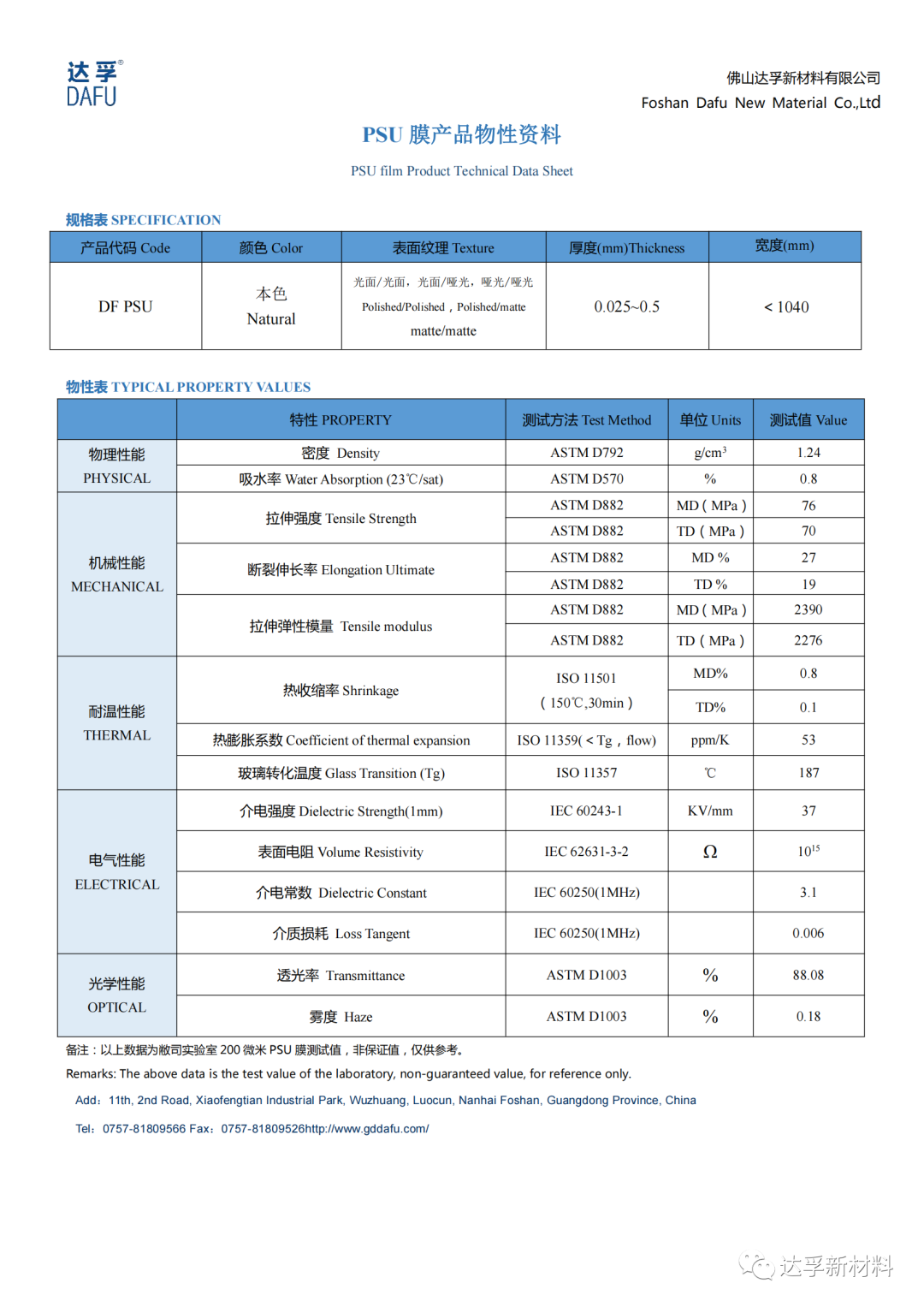 达孚新材推出PSU（聚砜）薄膜