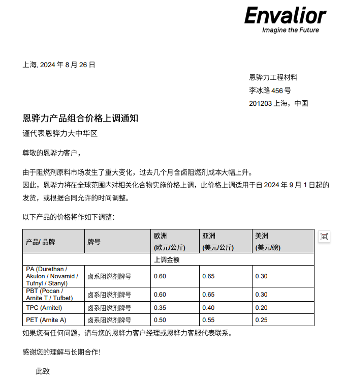 恩骅力、塞拉尼斯、旭化成等企业发函，尼龙、阻燃材料等产品价格上涨